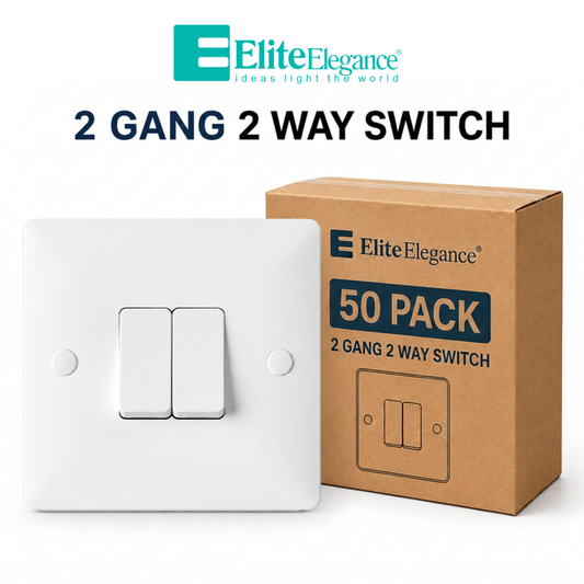 Elite Elegance 2 Gang 2 Way Light Switch 10AX White – Trade Carton (50 Pack)