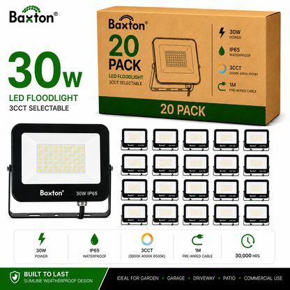 Baxton 20 Pack 30W LED Floodlights 3CCT (3000K 4000K 6500K) IP65 Trade Carton