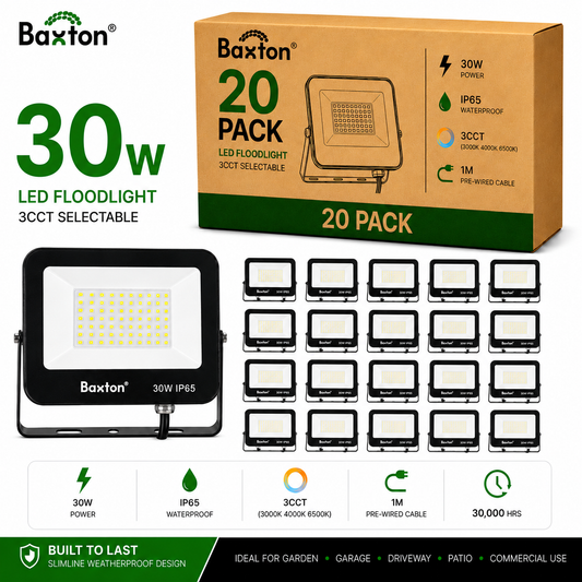 Baxton 20 Pack 30W LED Floodlights 3CCT (3000K 4000K 6500K) IP65 Trade Carton