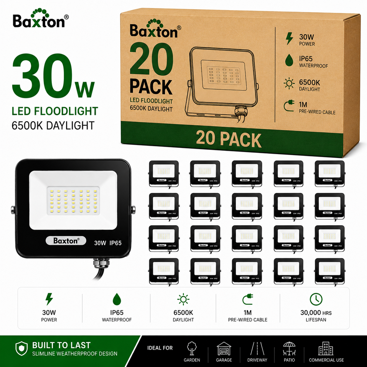 Baxton 30W LED Floodlights 6500K Daylight White IP65 | Trade Carton (20pcs)