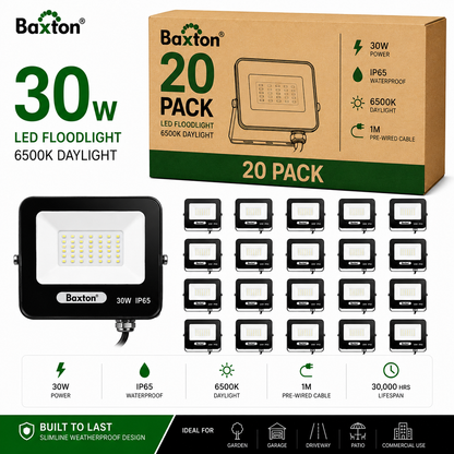 Baxton 30W LED Floodlights 6500K Daylight White (100lm/w) IP65 | Trade Carton (20pcs)