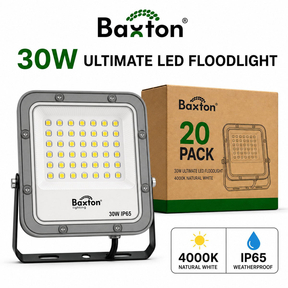 Baxton Ultimate 30W LED Floodlight 4000K High Lumen (150lm/w) IP65 – Trade Carton (20 Pack)