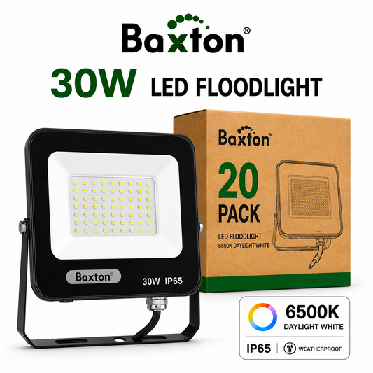 Baxton 30W LED Floodlights 6500K Daylight White (100lm/w) IP65 | Trade Carton (20pcs)