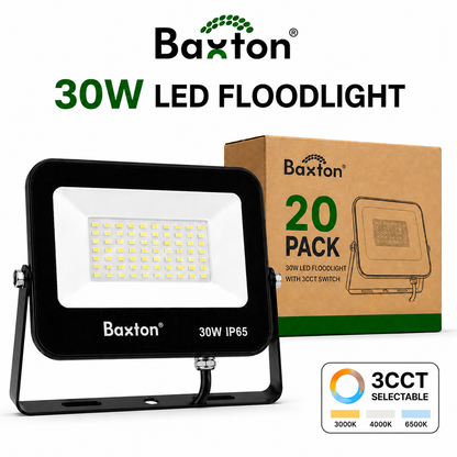 Baxton 20 Pack 30W LED Floodlights 3CCT (3000K 4000K 6500K) IP65 Trade Carton
