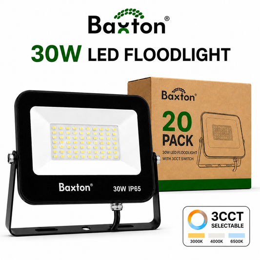 Baxton 20 Pack 30W LED Floodlights 3CCT (3000K 4000K 6500K) IP65 Trade Carton