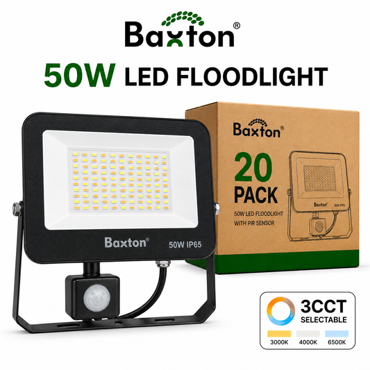 Baxton 20 Pack 50W LED Floodlights With PIR Sensor 3CCT IP65 Trade Carton
