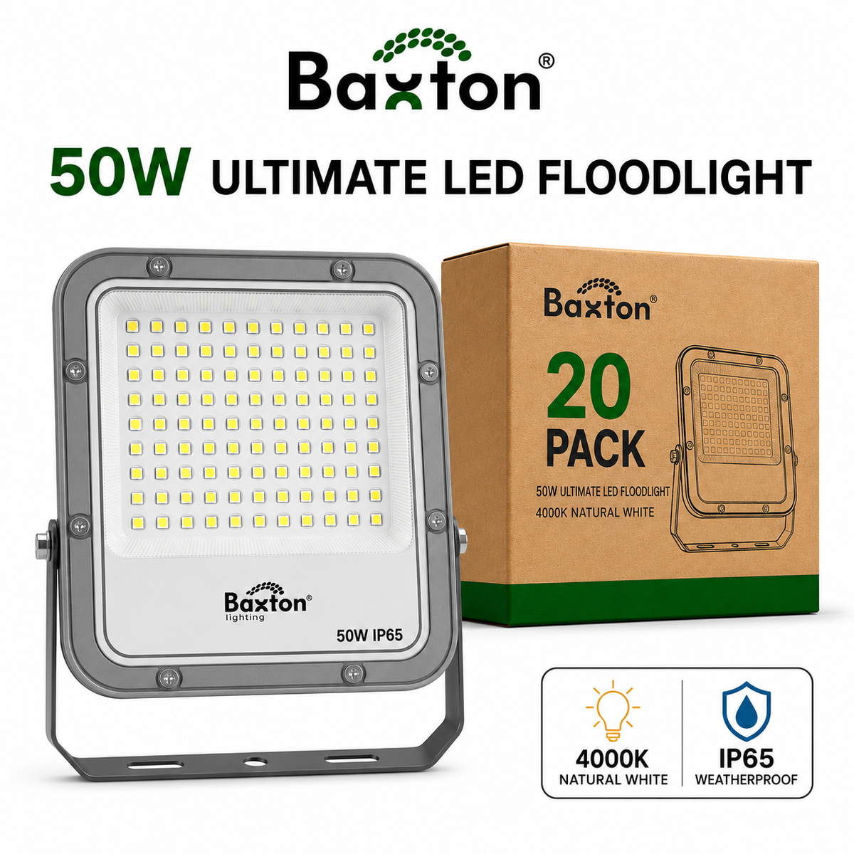 Baxton Ultimate 50W LED Floodlight 4000K High Lumen (150lm/w) IP65 – Trade Carton (20 Pack)