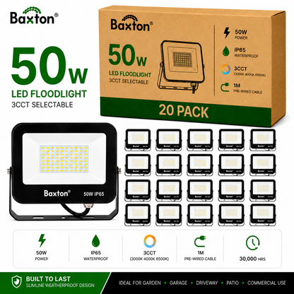 Baxton 20 Pack 50W LED Floodlights 3CCT (3000K 4000K 6500K) IP65 Trade Carton