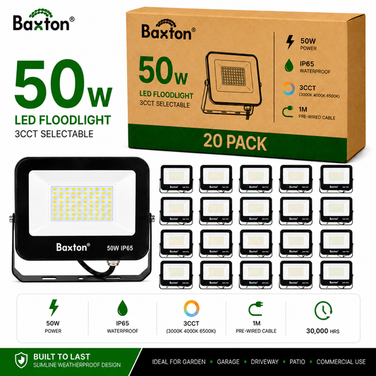 Baxton 20 Pack 50W LED Floodlights 3CCT (3000K 4000K 6500K) IP65 Trade Carton
