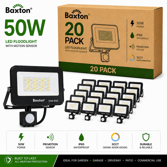 Baxton 20 Pack 50W LED Floodlights With PIR Sensor 3CCT IP65 Trade Carton