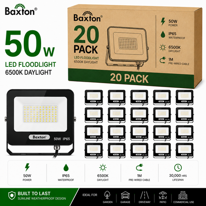 Baxton 50W LED Floodlights 6500K Daylight White (100lm/w) IP65 | Trade Carton (20pcs)