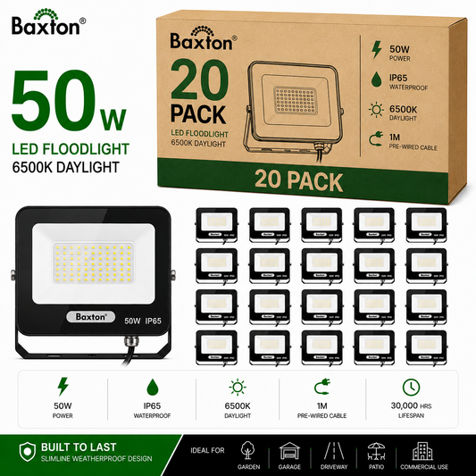 Baxton 50W LED Floodlights 6500K Daylight White IP65 | Trade Carton (20pcs)