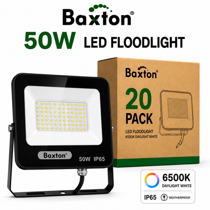 Baxton 50W LED Floodlights 6500K Daylight White (100lm/w) IP65 | Trade Carton (20pcs)