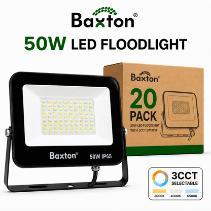 Baxton 20 Pack 50W LED Floodlights 3CCT (3000K 4000K 6500K) IP65 Trade Carton