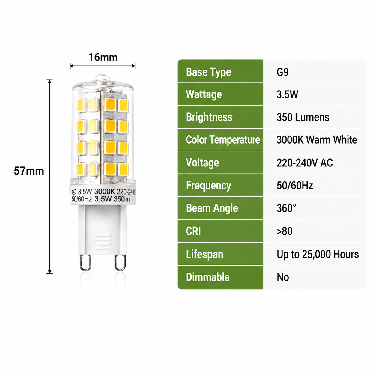 Baxton 10 Pack G9 LED Light Bulbs 3.5W Warm White 3000K Non Dimmable