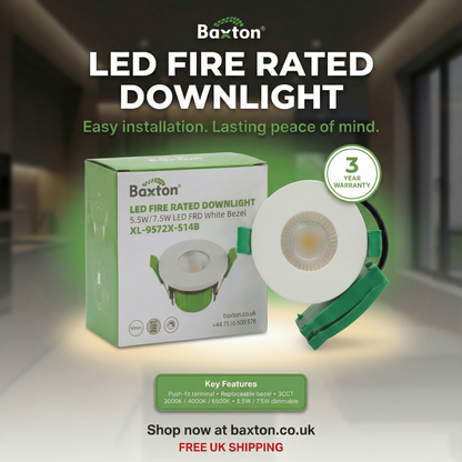 Baxton LED Fire-Rated Push-Fit Downlight (5.5/7.5w, 3CCT, Dimmable) IP65