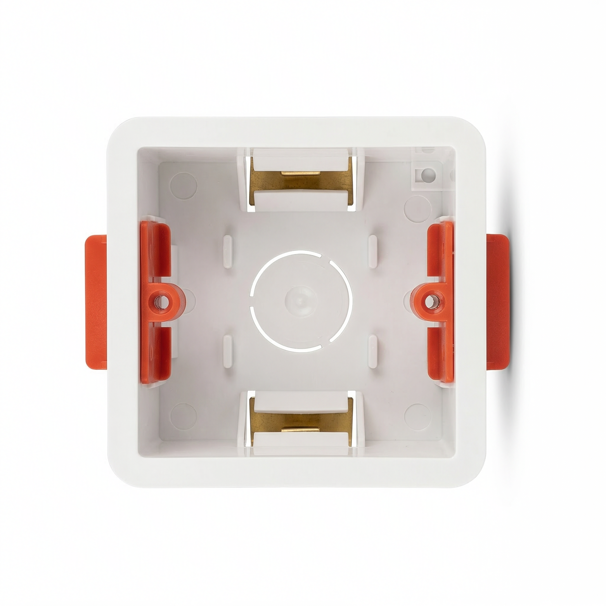 White electrical box with red accents on a white background