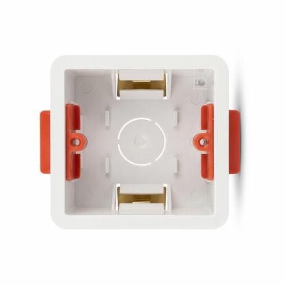 White electrical box with red accents on a white background