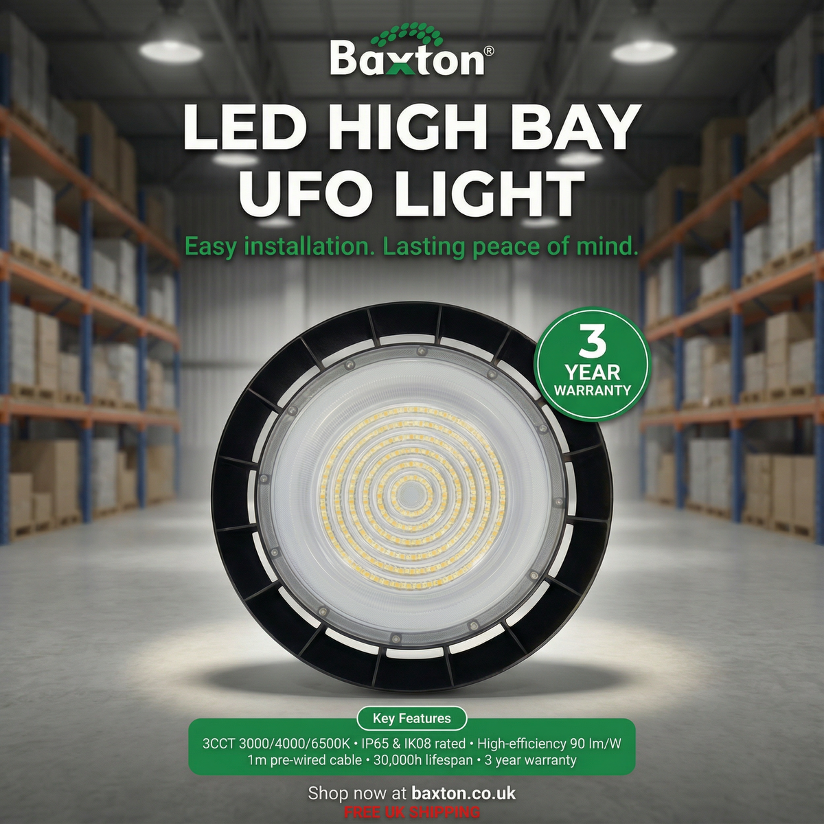 Baxton 100W UFO LED High Bay Light 3CCT (3000K 4000K 6500K) IP65 (90lm/w)