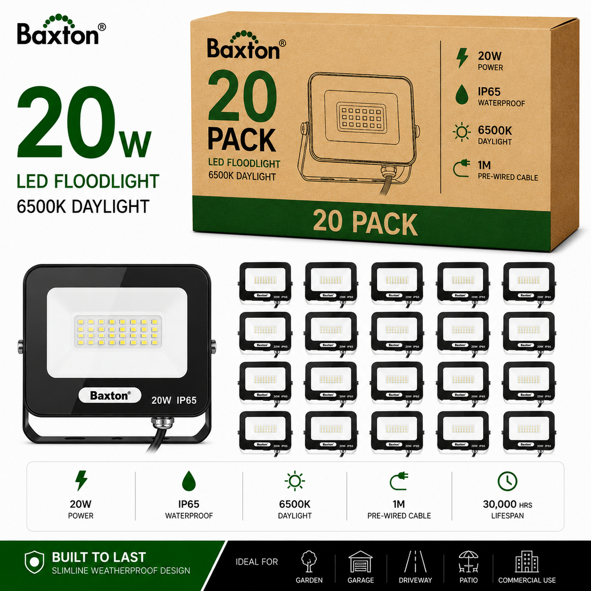 Baxton 20W LED Floodlights 6500K Daylight White (100lm/w) IP65 | Trade Carton (20pcs)