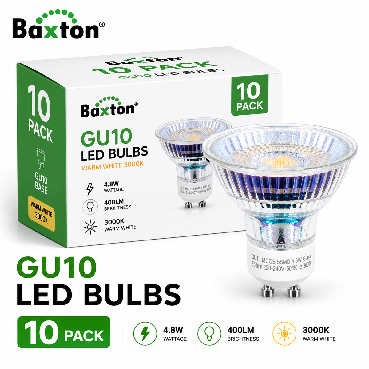 Baxton GU10 LED Bulbs Warm White 3000K 4.8W Glass – 10 Pack