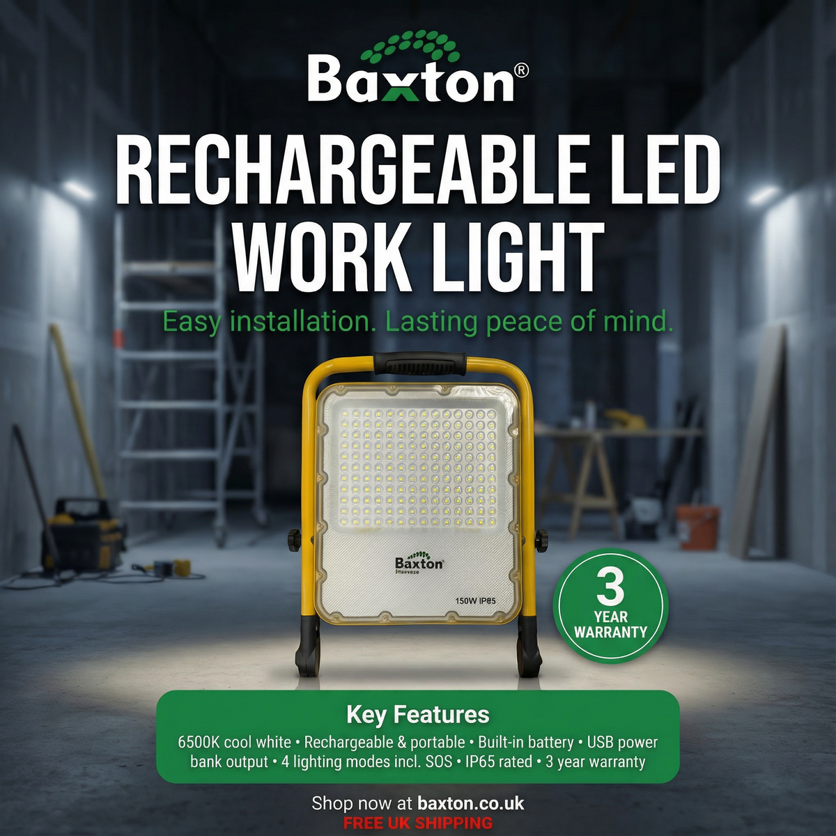 USB-C rechargeable work light for workshops and garages