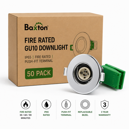 Baxton Pro Fire Rated GU10 Downlight Chrome IP65 Push Fit – Trade Carton (50 Pack)