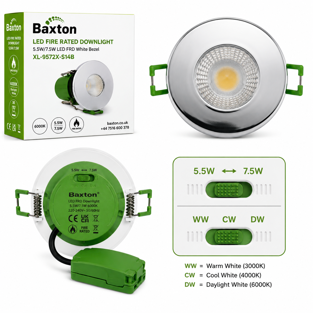 Baxton Pro Fire Rated LED Downlight Chrome IP65 3CCT Dimmable 5.5W/7.5W