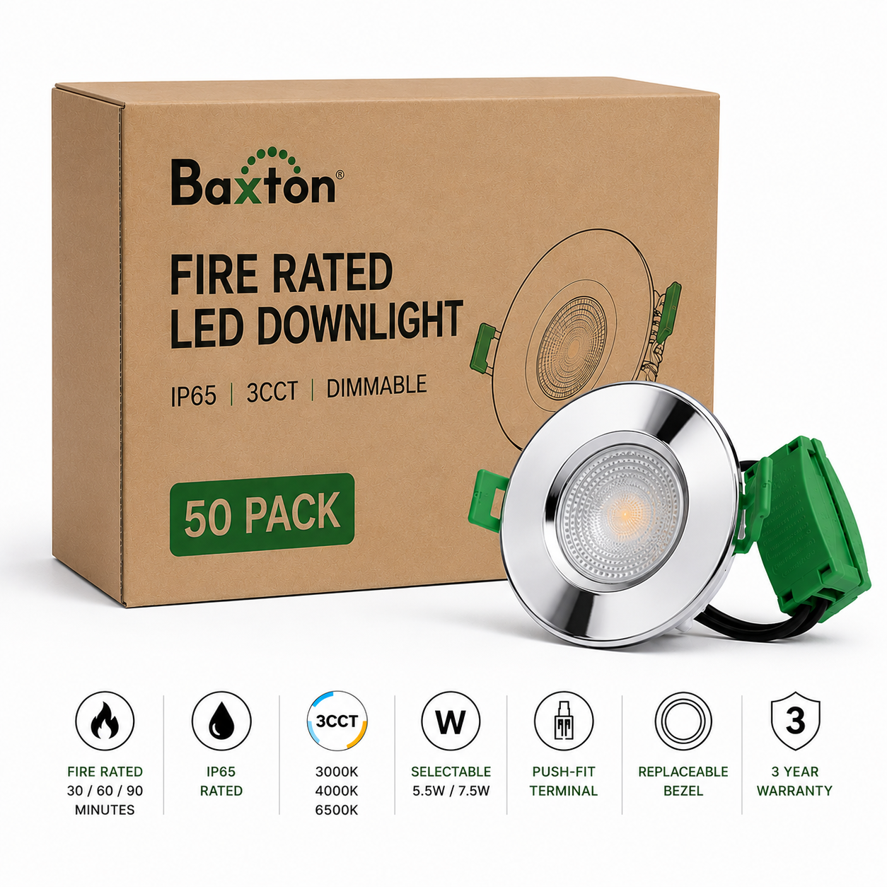 Baxton Ultimate Fire Rated LED Downlight Chrome IP65 3CCT Dimmable 5.5W/7.5W – Trade Carton (50 Pack)
