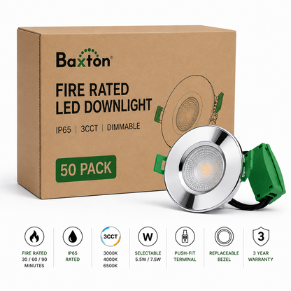Baxton Ultimate Fire Rated LED Downlight Chrome IP65 3CCT Dimmable 5.5W/7.5W – Trade Carton (50 Pack)