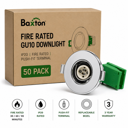Baxton Pro Fire Rated GU10 Downlight Chrome IP20 Push Fit – Trade Carton (50 Pack)