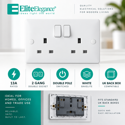 Elite Elegance 13A Double Switched Socket DP White – Trade Carton (50 Pack)