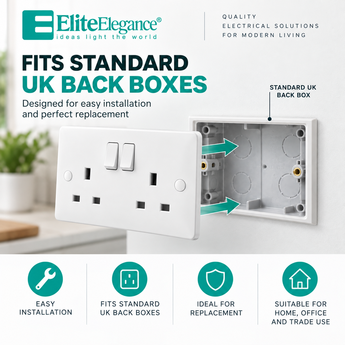Elite Elegance 13A Double Switched Socket DP White – Trade Carton (50 Pack)