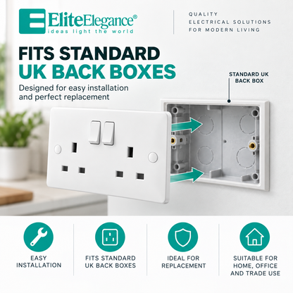 Elite Elegance 13A Double Switched Socket DP White – Trade Carton (50 Pack)