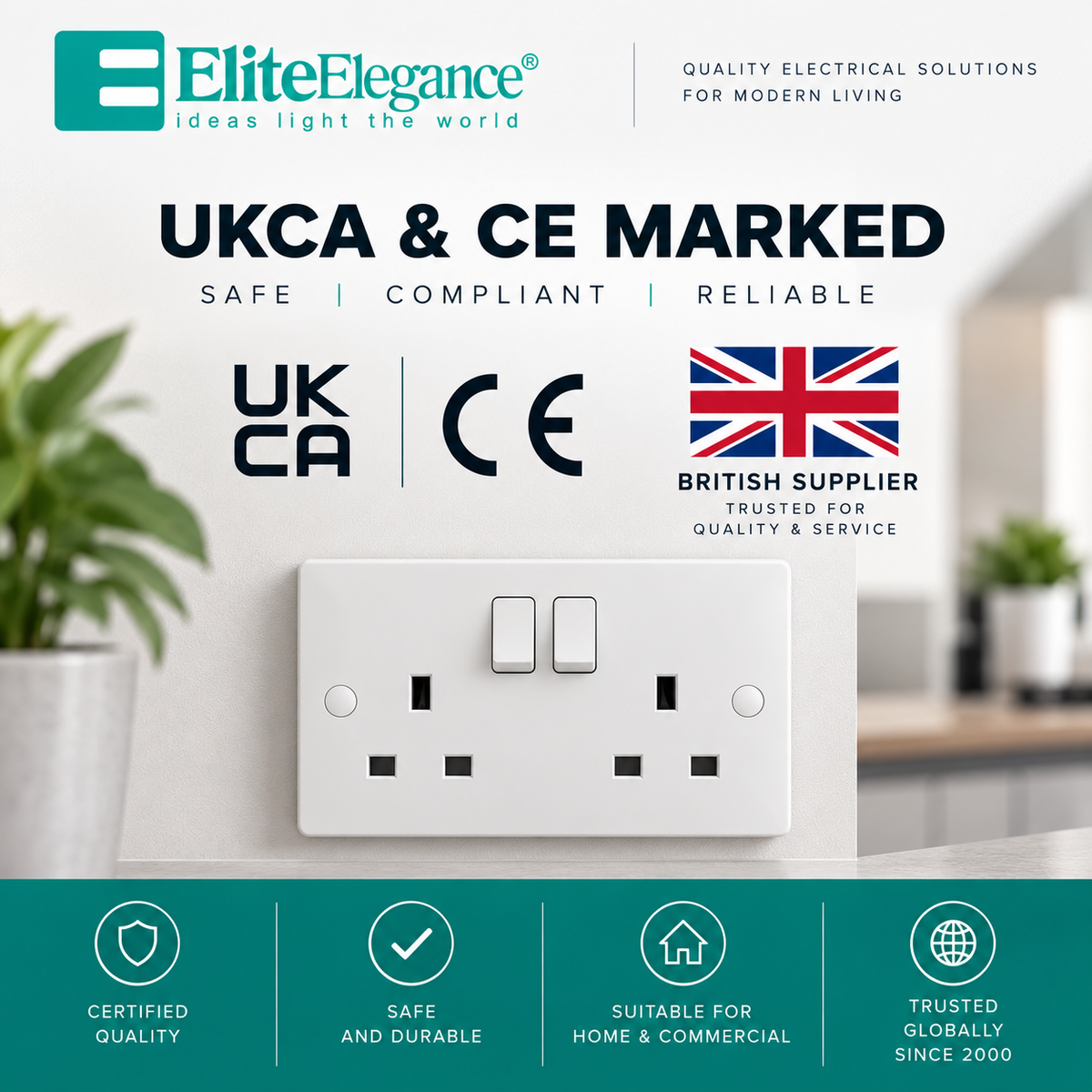 Elite Elegance 13A Double Switched Socket DP White – Trade Carton (50 Pack)