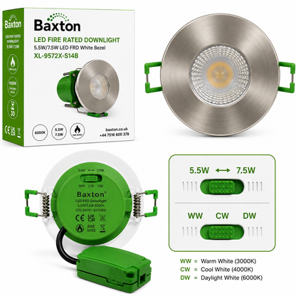 Baxton Pro Fire Rated LED Downlight Satin Nickel IP65 3CCT Dimmable 5.5W/7.5W