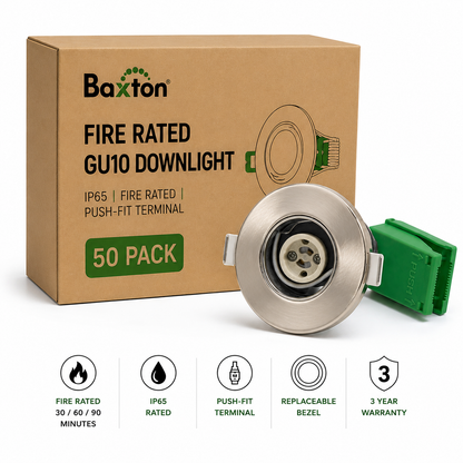 Baxton Pro Fire Rated GU10 Downlight Satin Nickel IP65 Push Fit – Trade Carton (50 Pack)