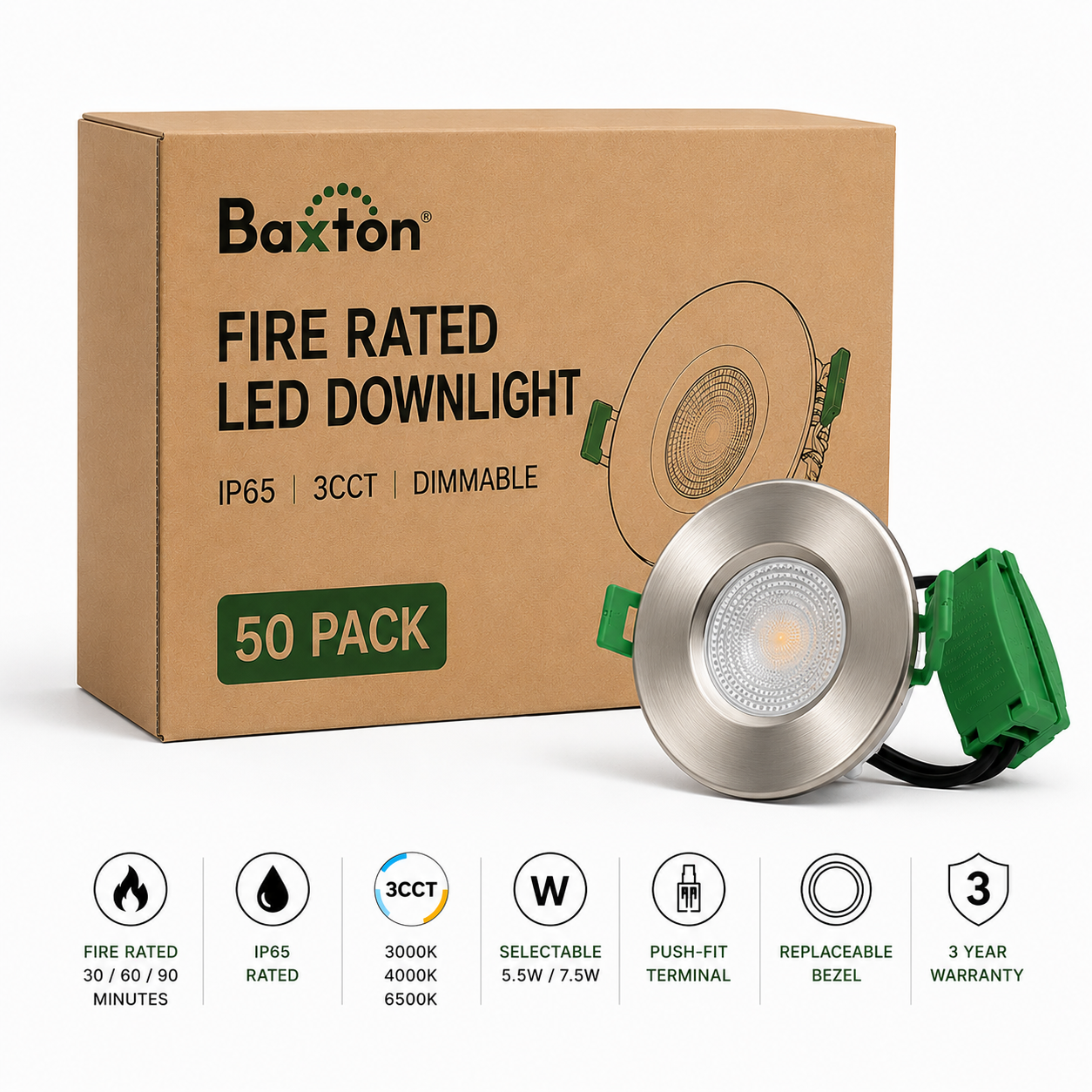 Baxton Ultimate Fire Rated LED Downlight Satin Nickel IP65 3CCT Dimmable 5.5W/7.5W – Trade Carton (50 Pack)