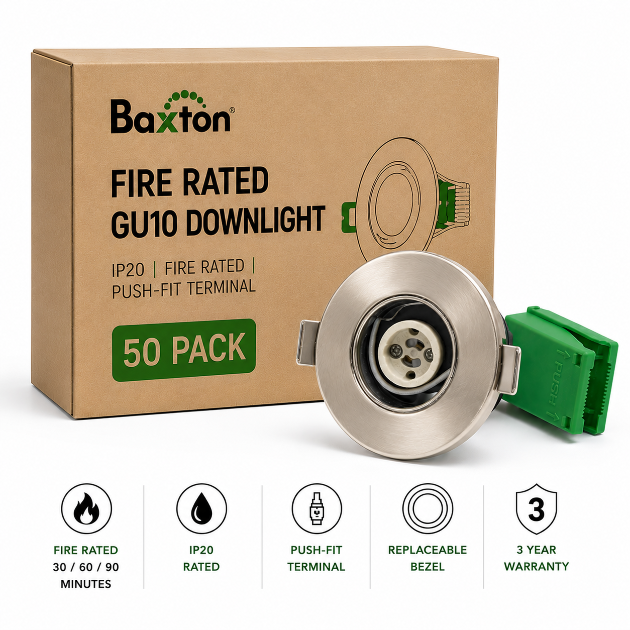 Baxton Pro Fire Rated GU10 Downlight Satin Nickel IP20 Push Fit – Trade Carton (50 Pack)