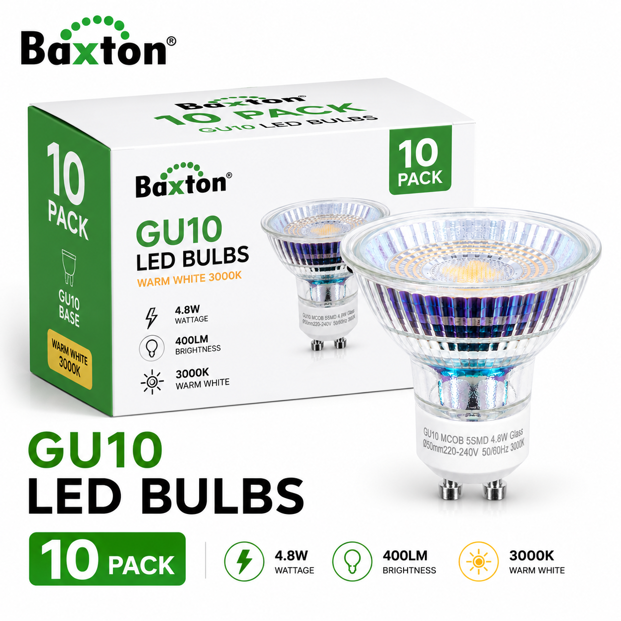 Baxton GU10 LED Bulbs Warm White 3000K 4.8W Glass – 10 Pack