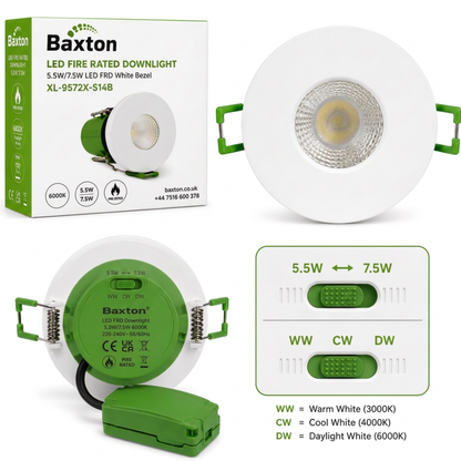 Baxton Pro Fire Rated LED Downlight White IP65 3CCT Dimmable 5.5W/7.5W