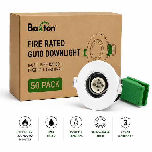 Baxton Pro Fire Rated GU10 Downlight White IP65 Push Fit – Trade Carton (50 Pack)