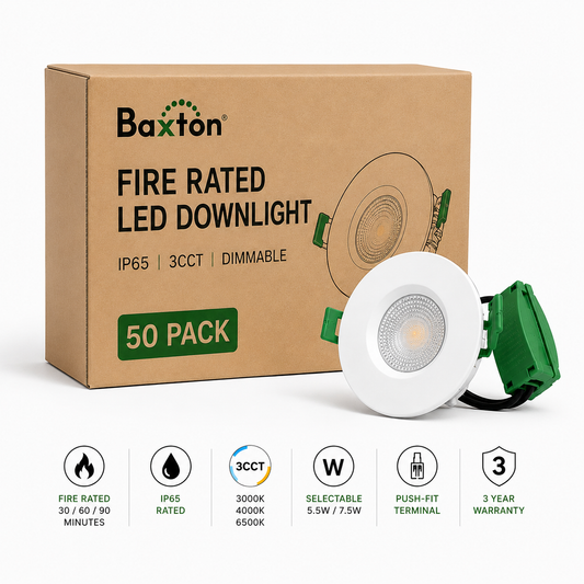 Baxton Ultimate Fire Rated LED Downlight White IP65 3CCT Dimmable 5.5W/7.5W – Trade Carton (50 Pack)