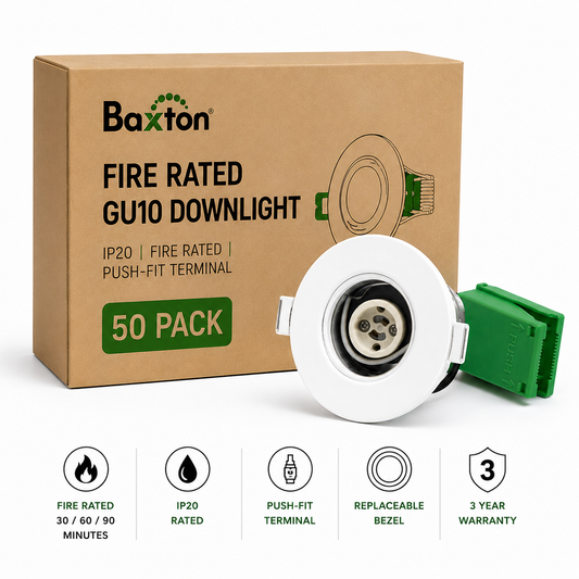 Baxton Pro Fire Rated GU10 Downlight White IP20 Push Fit – Trade Carton (50 Pack)
